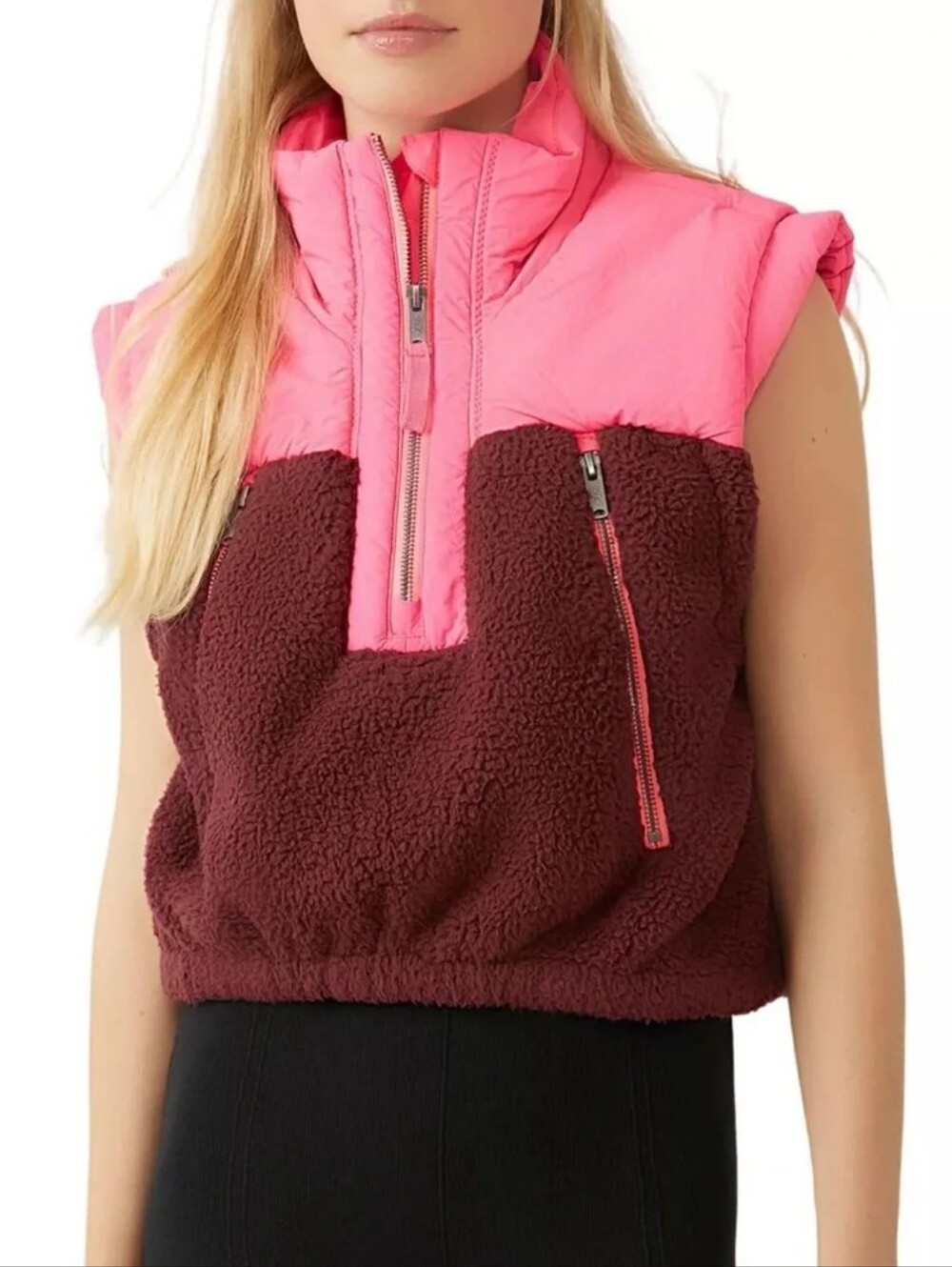 Free People Movement Journey Ahead Faux Shearling & Nylon Vest Pomegranante XS